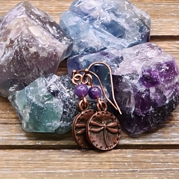 Persephone's Daughter Jewelry - Lepidolite and Copper Dragonfly Drop Earrings